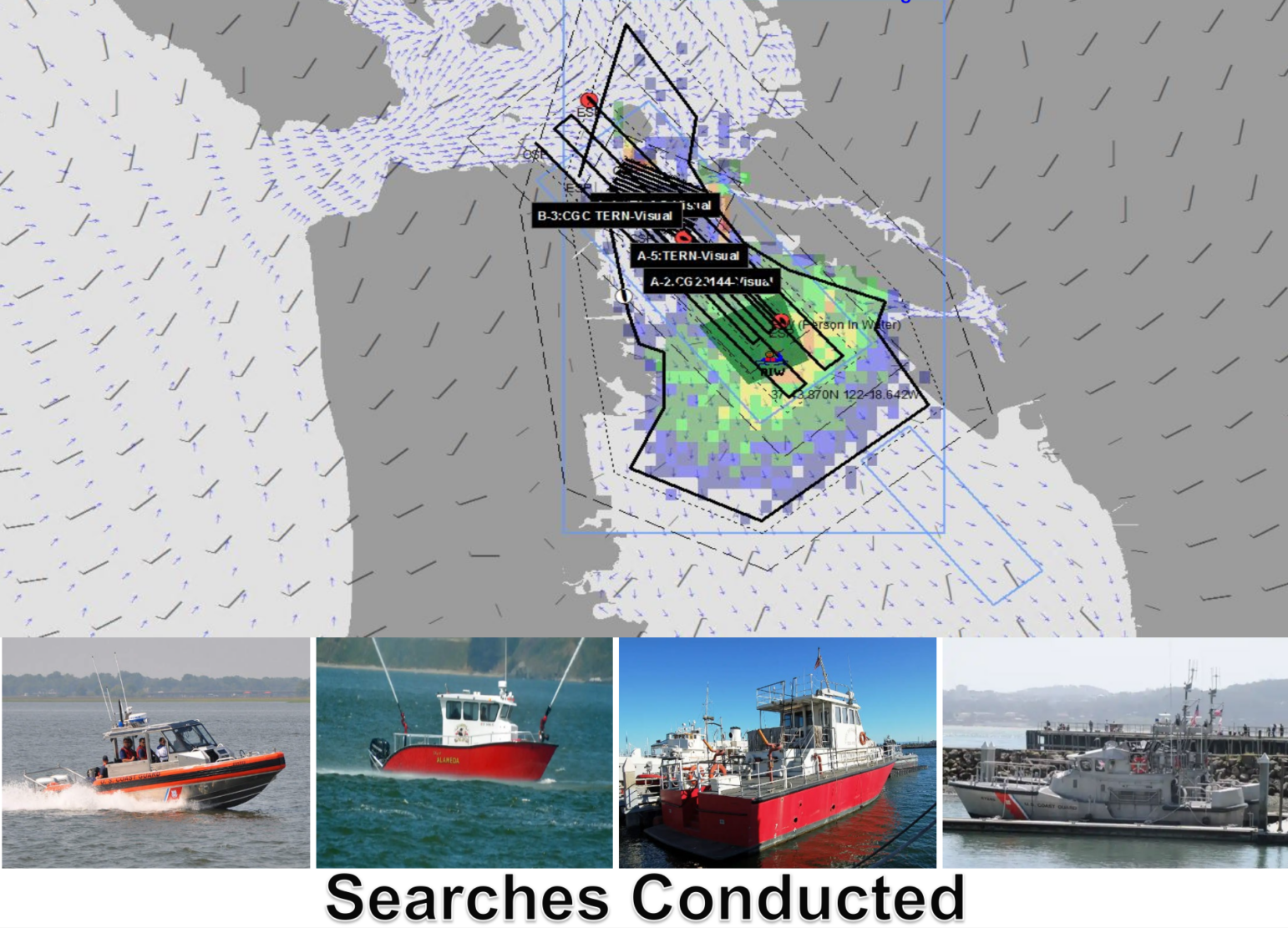 Black track lines and polygonal outlines on the same gray base map show boat-based search areas, labeled with vessel names or designations. Four reference photos of different rescue and fire boats (orange-striped, red, and silver vessels) are arranged along the bottom, also captioned “Searches Conducted.”